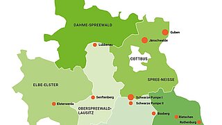 Eine Karte zeigt einen Ausschnitt der Lausitz und die möglichen Standorte für eine PtL-Demonstrationsanlage 