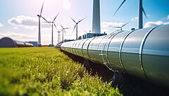 Das Bild zeigt eine KI-generierte Wasserstoff-Pipeline mit Windturbinen und im Hintergrund.