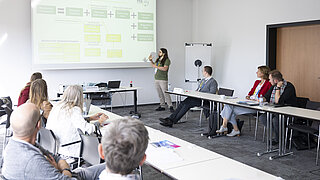 Ein Referent steht während der Renewable Materials Conference vor einer Projektionswand und erläutert einem sitzenden Publikum ein Flussdiagramm mit dem Titel „Seed Model - Bankability“ des PtX Lab Lausitz.