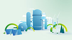2D illustration of a factory with towers, storage facilities, smoking chimneys, wind turbines and solar panels.