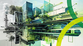 Futuristische Illustration mit Schornstein, Hochhaus, Zug und Gebäuden.