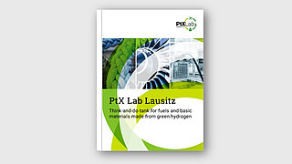Cover of the image brochure of the PtX Lab Lausitz with photos of shipping, aviation and the chemical industry.