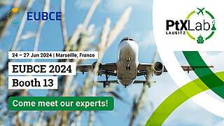 Picture shows aeroplane over grain field and event announcement PtX Lab at EUBCE 2024