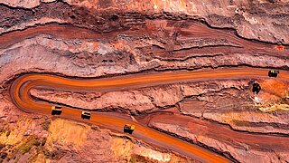 Aerial view of open pit iron ore and heavy mining equipment