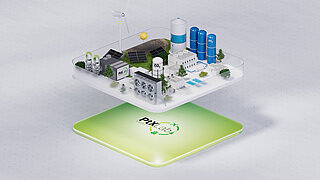 Screenshot zeigt eine Power-to-Liquid-Anlage auf einer Plattform, darunter das Logo des PtX Lab Lausitz.