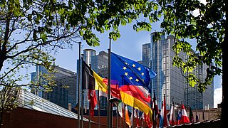 Mehrere Flaggen, die vor einem großen Gebäude wehen. Links und rechts sind Bäume.